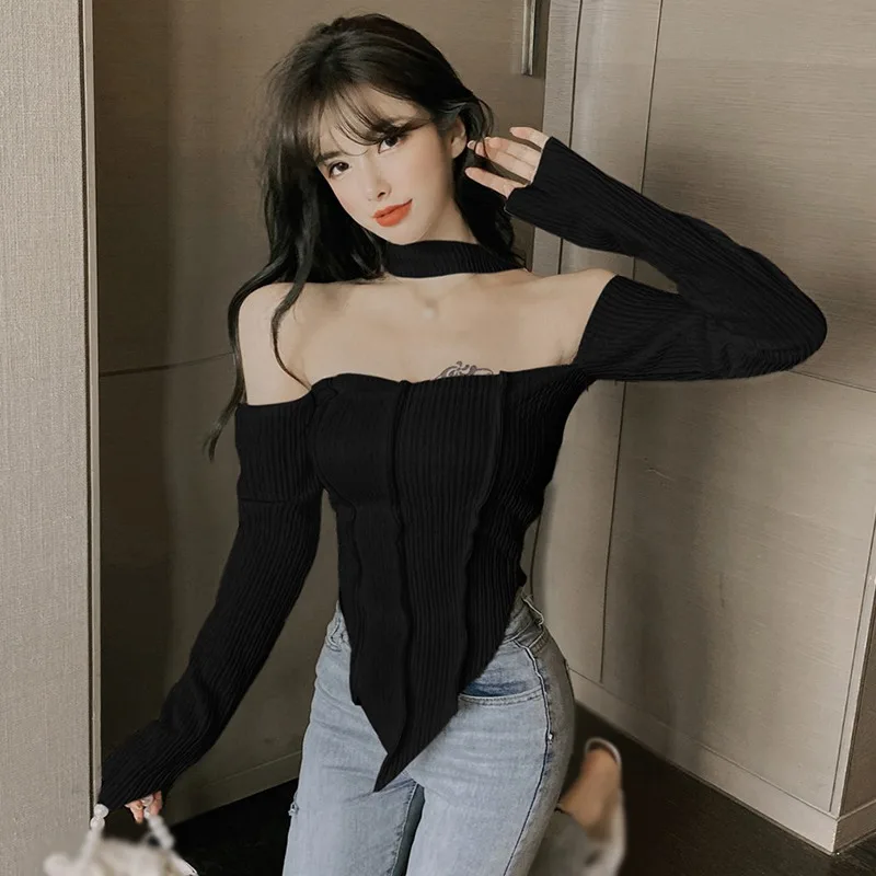 Off Shoulder Long Sleeve Top Tee Shirt Femme Y2K Clothes Green Tops Mujer T-shirt Black Sexy Funny T Shirts Women Cropped