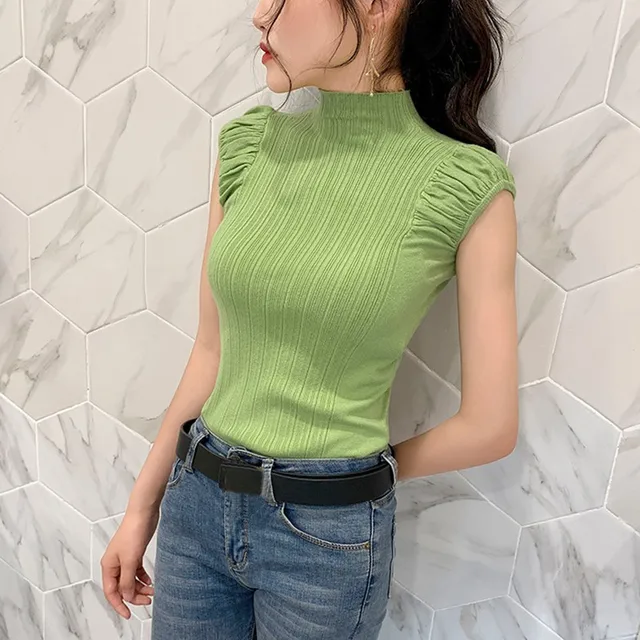 Women Tops Half High Collar Vest Solid Casual Female Sleeveless Knitted Summer Half Turtleneck Knitted Sleeveless T-Shirt