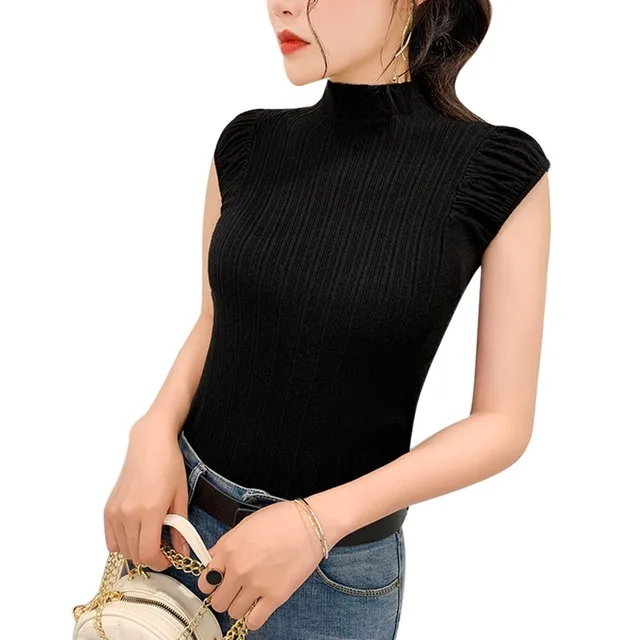 Women Tops Half High Collar Vest Solid Casual Female Sleeveless Knitted Summer Half Turtleneck Knitted Sleeveless T-Shirt